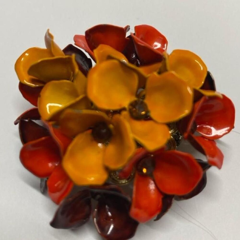 ^vintage 1960 enamel floral bouquet brooch pin burnt orange red cluster mod mcm